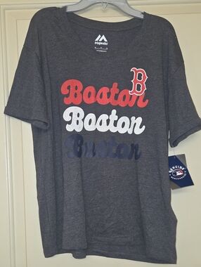 Majestic Charcoal Boston Script Tee with Red, White & Navy Accents